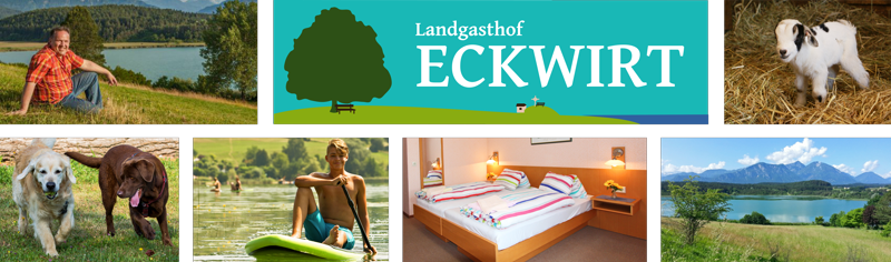 Logo des Landgasthofs Eckwirt mit Fotos von Zimmer, Strandbad und See