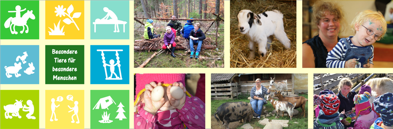 Logo der Kleinen Mitmachfarm: Besondere Tiere für besondere Menschen, mit bunten Symbolen und Fotos von Tieren