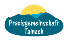 Das Praxislogo: Silhouette von Hochobir, Kleinem Obir und Altberg mit Sonne